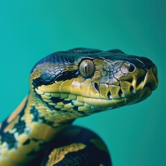 Fototapeta premium Captivating close-up portrait of an anaconda featuring vivid scales and an intense gaze in a professional studio setup