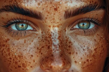 A close-up view of a young woman's face highlighting her freckled skin and striking blue-green eyes in a natural outdoor setting