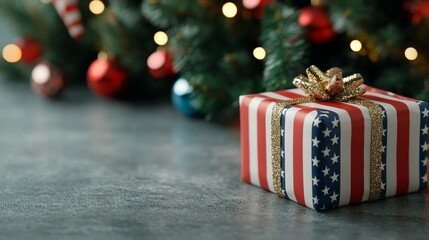 Christmas present wrapped in USA flag paper under tree, 3D illustration
