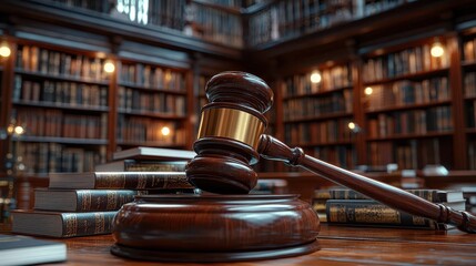 law education concept featuring a gavel, textbooks, and a graduation cap against a library backdrop, symbolizing knowledge and the journey to becoming a lawyer, with thoughtful lighting
