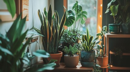 Fototapeta premium A collection of vibrant indoor houseplants arranged by a sunlight-filled window, offering a lively and natural display.