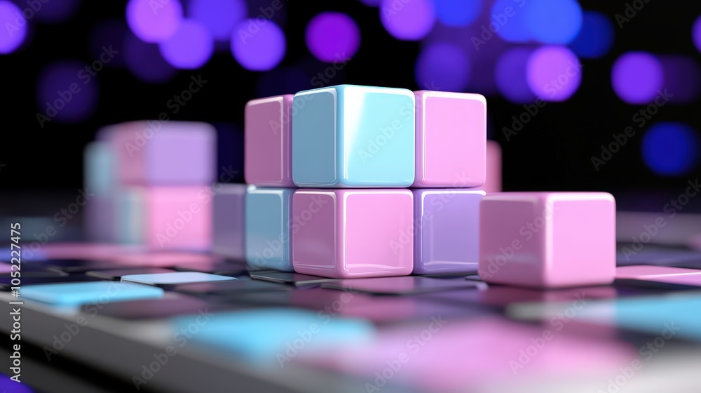 Poster abstract colorful cubes on a reflective surface with bokeh background