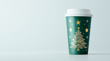 Elegant green coffee cup with gold Christmas tree design and stars