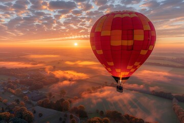 Obraz premium Hot air balloon floats above misty fields at sunrise, creating a picturesque landscape filled with soft clouds and golden light