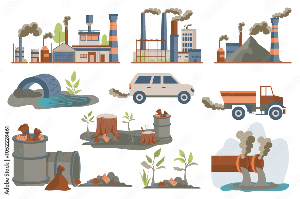 Aufkleber environmental pollution mega set elements in flat graphic design. collection objects of toxic indust