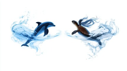 Fototapeta premium Dolphin and Turtle in Water