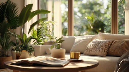 A cozy living room flooded with natural light, featuring a comfortable white sofa, green plants, and a warm wooden coffee table inviting relaxation.