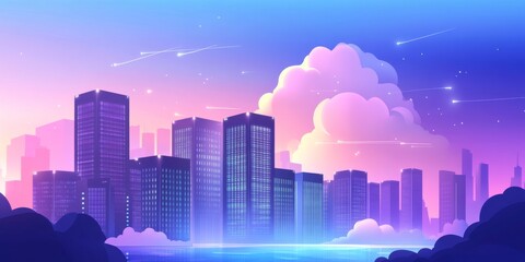 Fototapeta premium A city skyline with a database building, symbolizing how cloud computing stores data. This represents the vastness of data storage and the technology behind it.