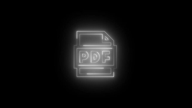 Neon PDF icon glowing black background animation