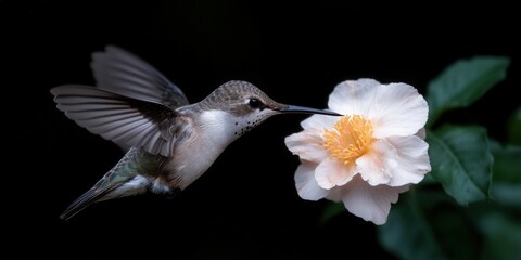 Fototapeta premium Hummingbird in Flight Feeding on Flower Black Background Wildlife Photography