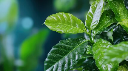 Obraz premium Lush Green Coffee Plant Leaves with Water Droplets Nature Photography