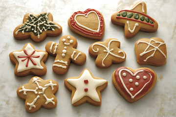 A collection of festive gingerbread cookies, capturing the warm holiday spirit with intricate icing designs and traditional shapes like stars, hearts, and gingerbread people.