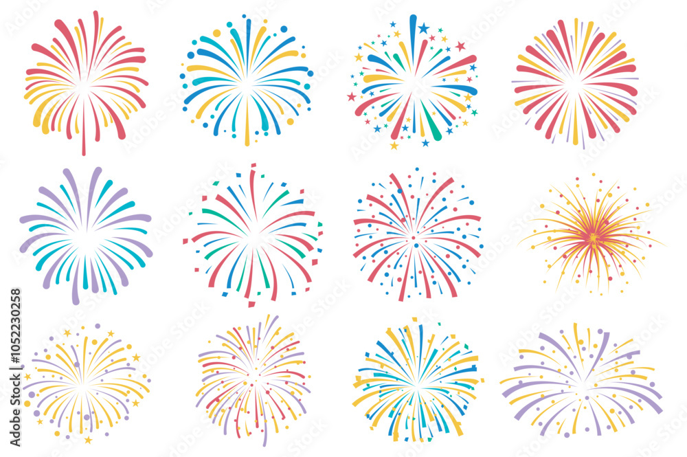 Aufkleber Flashes of celebratory salutes mega set elements in flat graphic design. Collection objects of colorful exploding festival fireworks, firecracker pyrotechnics at festive sky show. Vector illustration.