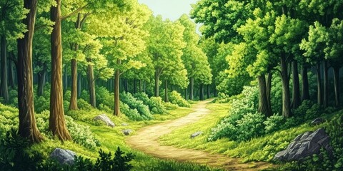 Fototapeta premium A picture of a forest with different kinds of trees. It's a simple drawing, like a background for a nature scene. Another picture shows a forest path winding through lots of trees.