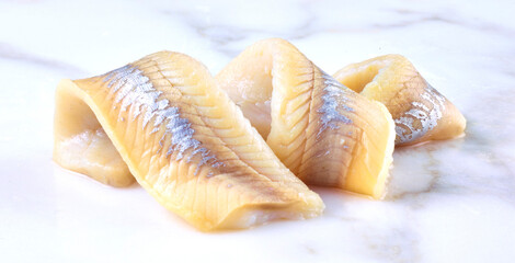 Matjes, Heringsfilets, Marmorplatte, close up, Fisch,