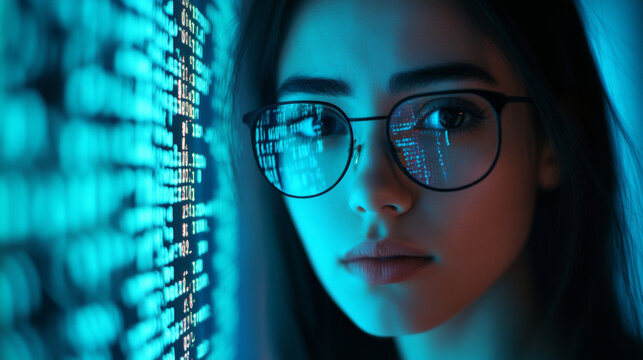 Female IT specialist with virtual code 