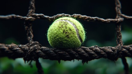 Close up of a Tennis Ball on a Net  Green  Yellow  and Black  Sports Equipment  Game  Recr