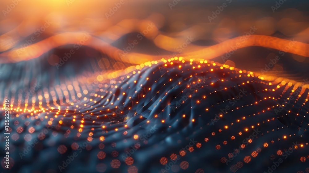 Poster abstract landscape with illuminated data points, showcasing a conceptual digital terrain under warm 