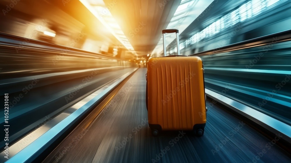 Poster orange suitcase is standing on a moving travelator in a modern airport, conveying a sense of speed a