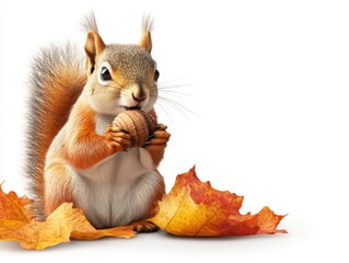 Squirrel holding acorn on vibrant autumn leaves, white isolated background.