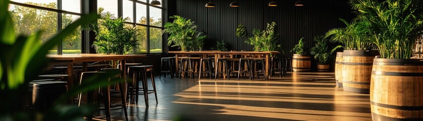 Fototapeta premium A modern café interior featuring wooden tables, plants, and ample natural light, creating a warm and inviting atmosphere for social gatherings.