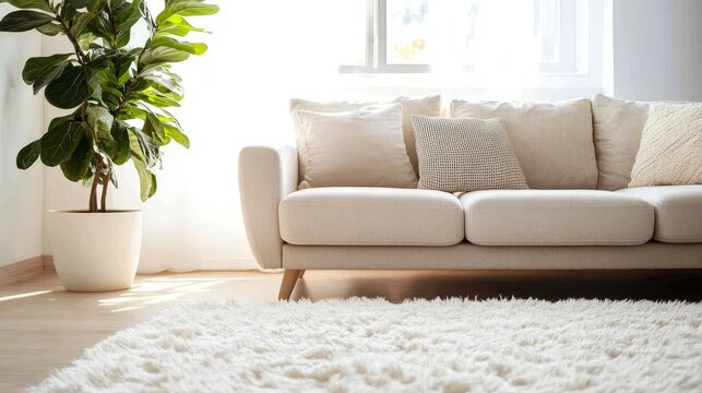 A neutral-toned sofa and leafy plant in a bright room, exuding an air of calm and serenity through soft textures and lighting.