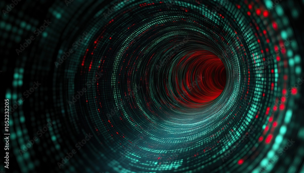 Poster a digital tunnel filled with vibrant glowing data streams, showcasing a blend of green and red color