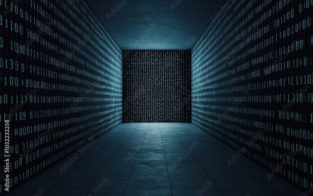 Poster a futuristic corridor illuminated by glowing data streams, creating a digital atmosphere that evokes
