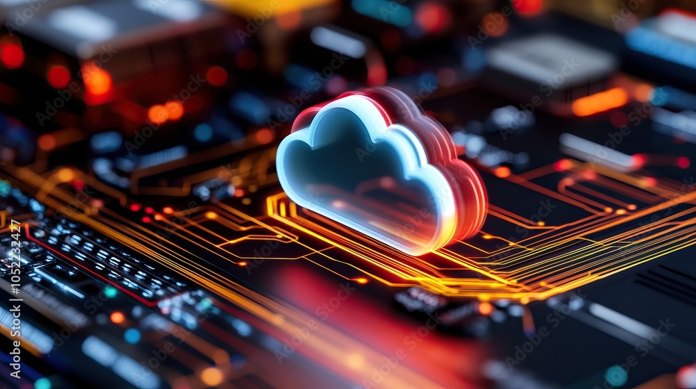 Poster a vibrant illustration of a cloud symbol on a circuit board, representing cloud computing and digita