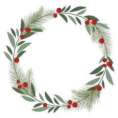 Naklejka premium Christmas wreath with red berries on green leaf branches and leaves isolated on white background. Vector illustration christmas and new year garland.