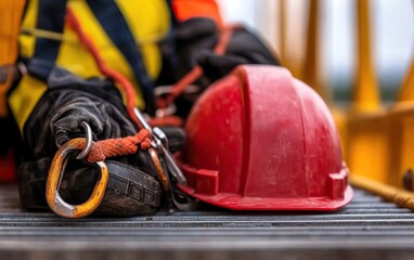 Fototapeta premium A safety helmet and harness gear are placed on a metal surface, highlighting construction work and worker safety equipment.