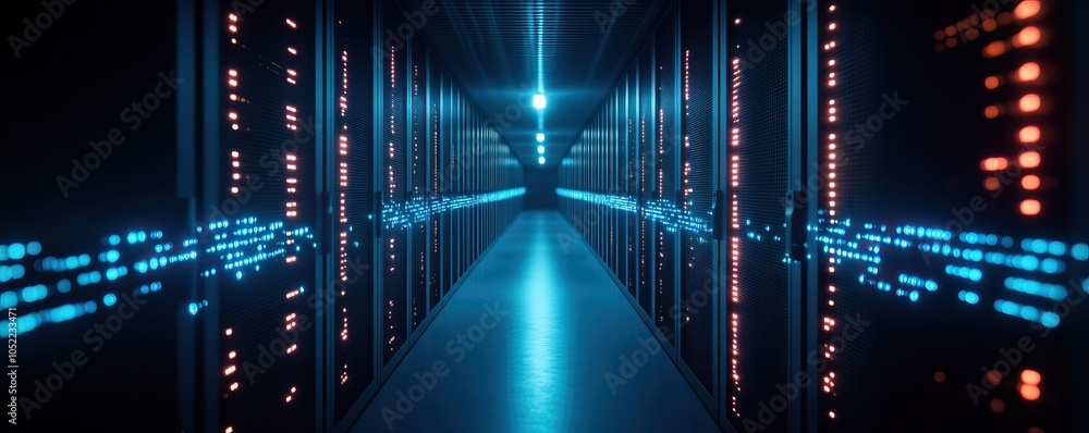 Poster a futuristic data center corridor illuminated by glowing lights, showcasing rows of server racks and