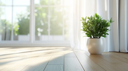 A bright interior space with a lush potted plant on a wooden floor and sheer curtains, creating a serene and fresh atmosphere with natural light.