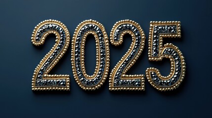 The decorative numbers representing 2025 feature intricate embellishments in gold and black, set against a dark background, creating a striking visual impact for New Year's celebrations