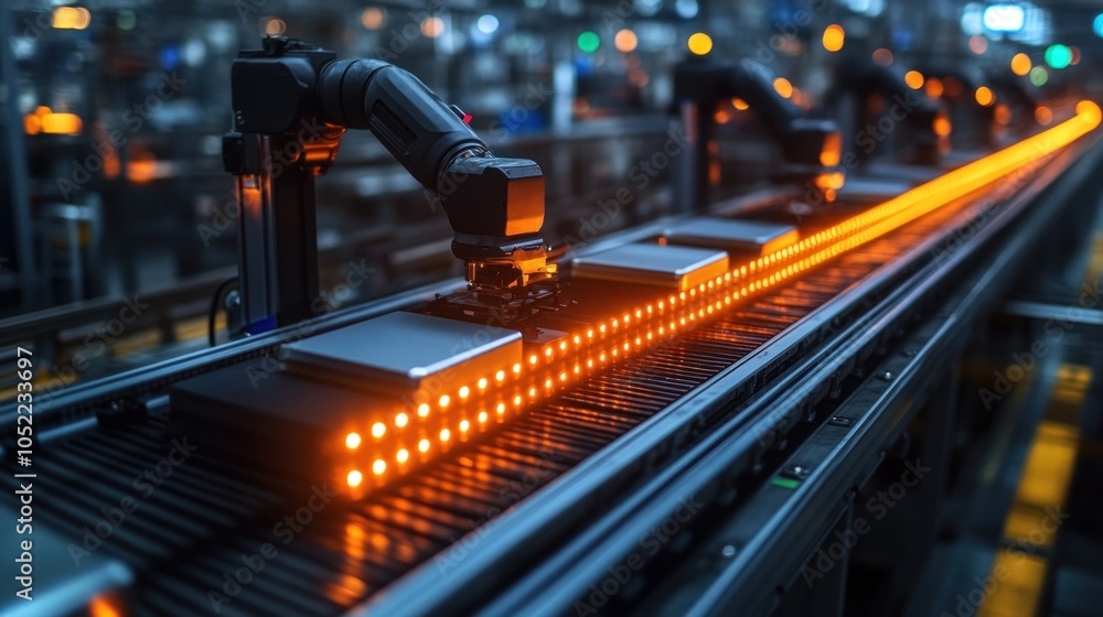 Poster automated robotic arms assembling products on a factory floor, symbolizing the cutting-edge technolo