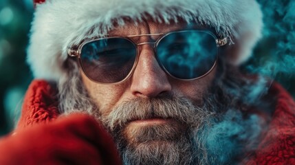 A Santa Claus character with a white beard and sunglasses gazes intently at the camera, exuding a cool vibe amidst a snowy forest. The festive atmosphere enhances his iconic look