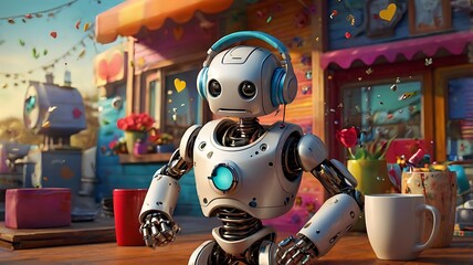 A lively caf&eacute; setting where a cute robot with a friendly smile wears sleek, modern headphones while holding a coffee cup.