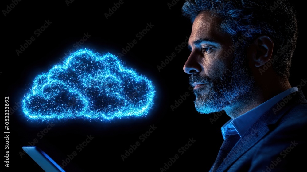 Poster business professional using cloud-based software on a laptop while collaborating with a remote team,