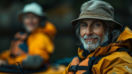 Obraz premium Smiling Senior Man in a Hat and Life Vest on a Kayaking Adventure