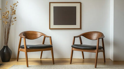 Blank Frame Mockup in Modern Interior with Trendy Vase and Chair, Mock up poster frame on white wall. Interior design of modern living room with armchair.