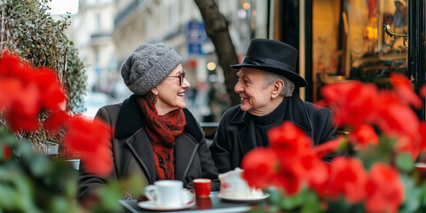 Naklejka premium Senior couple enjoying time together in an outdoor cafe on a Valentine day.