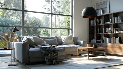 Modern Interior of Stylish Living Room ,Wall Mock Up, Frame , Poster with Beautiful Background, 3d render