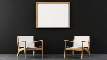 A mockup of framed posters in an apartment living room with gray modern furniture, Modern Conference Room with Blank Wall and Skyline View.