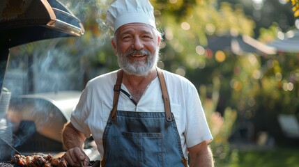 Smiling Chef Grilling Meat Outdoors: Summer BBQ Fun
