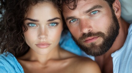A man and woman lean closely together, their striking blue eyes creating a deep connection. The soft natural light highlights their features, enhancing the momentвЂ™s intimacy