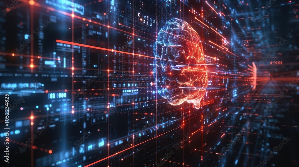 Poster futuristic digital brain connected to glowing data lines, representing artificial intelligence and a