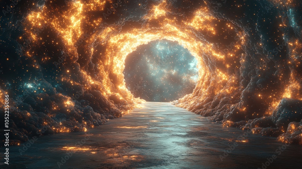 Poster a luminous cosmic tunnel with glowing clouds and a reflective path.