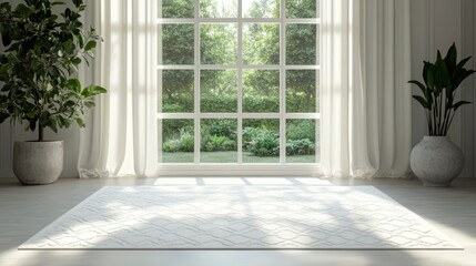 Obraz premium Spacious room highlighted by a large window, with sunlight illuminating a white patterned rug on hardwood floor.