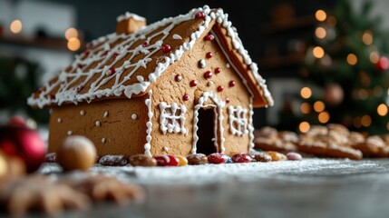 Gingerbread house decorated with candy, representing the creativity and fun of holiday baking traditions