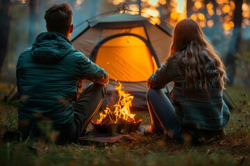 Couple enjoying a cozy campfire evening in the forest while sitting in front of their tent as the sun sets in the background